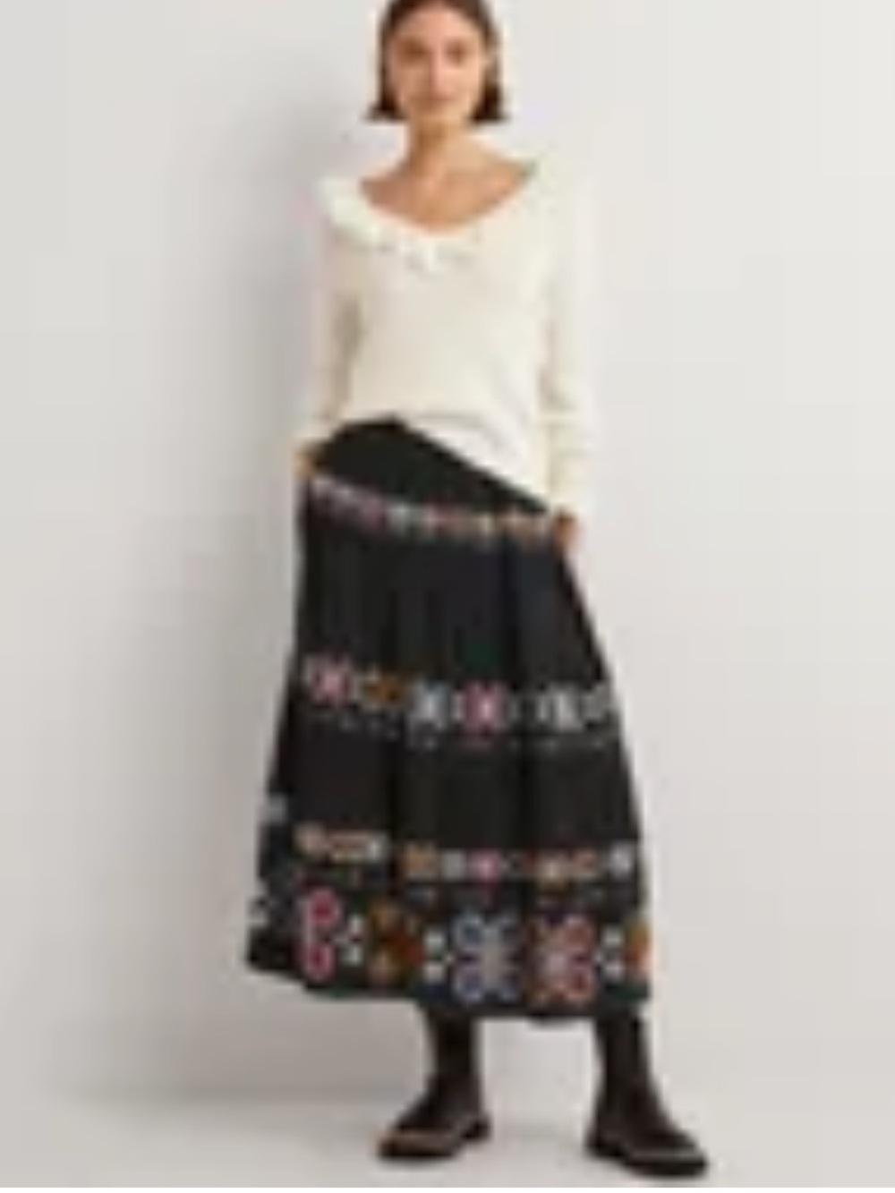 EUC Boden Black Maxi Skirt with Multicolor Floral Embroidery 8